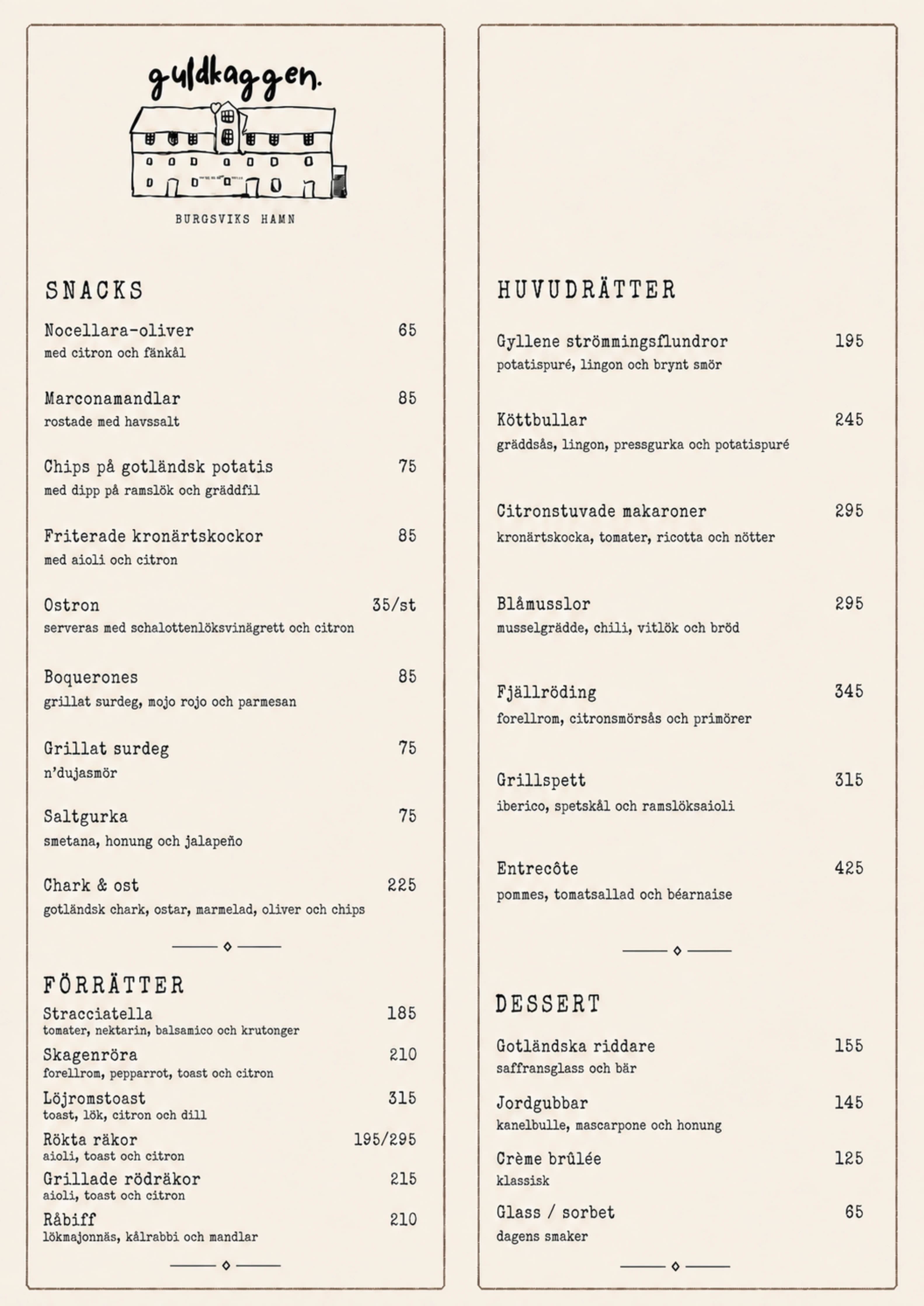 Guldkaggens matmeny — snacks, förrätter, huvudrätter och dessert